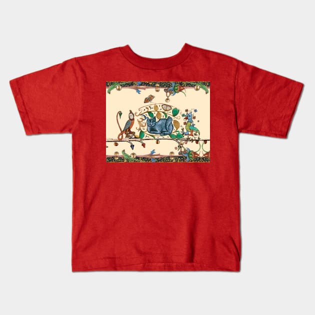 WEIRD MEDIEVAL BESTIARY HUNTER CAT, KNIGHT BIRD AND FALCON MONK Kids T-Shirt by BulganLumini